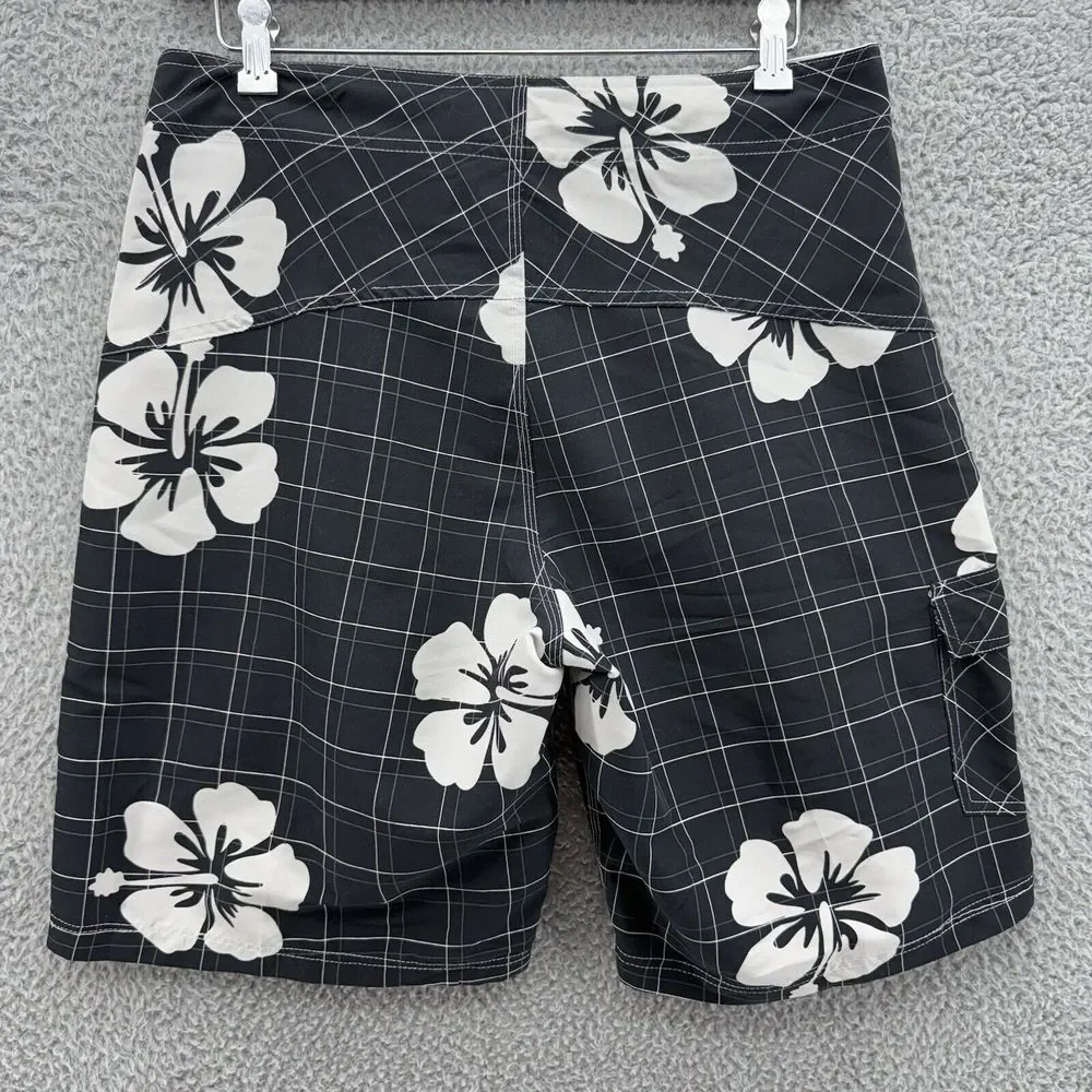 Panama Jack‎ Mens 32 Black White Floral Swim Trunks Board Shorts Hawaiian Island